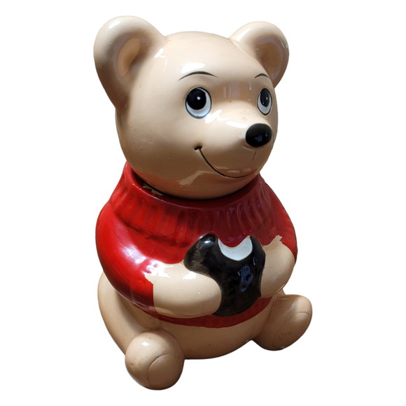 Vintage 13" Ceramic Bear Cookie Jar Red Sweater Taiwan Collectible Kitchenware - Picture 3 of 9